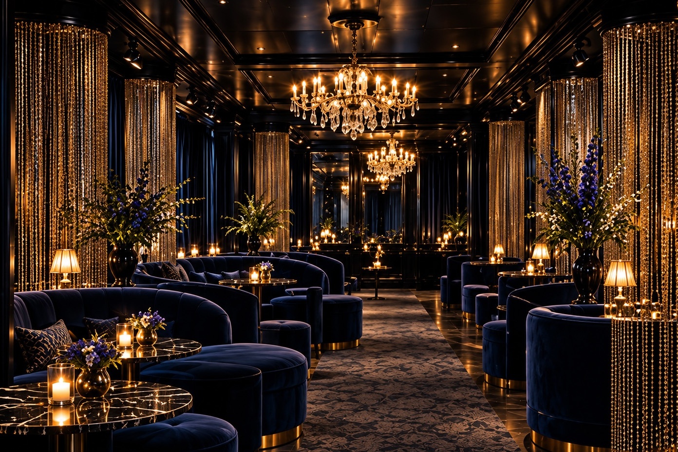 Hudson Lounge — the main room, lit by chandeliers with velvet seating