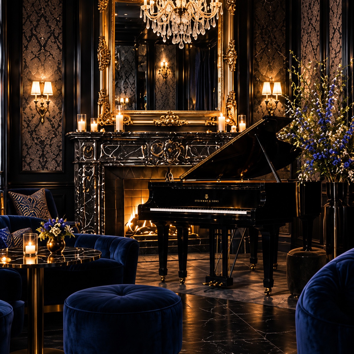 Fireplace and piano at the rear of Spring Salon