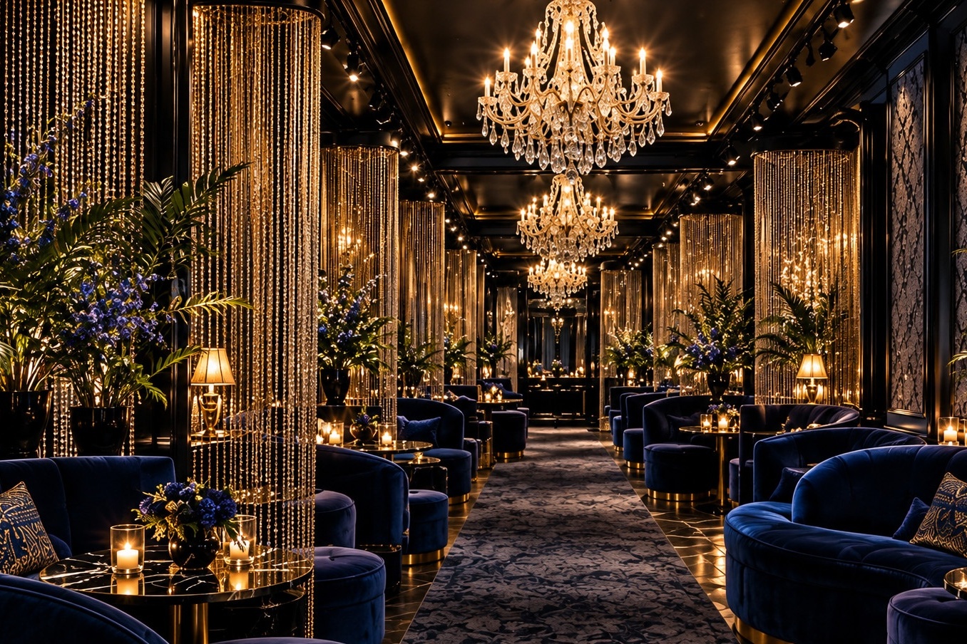 Spring Salon — the main corridor at OBSIDIA, lit by chandeliers with velvet banquette seating
