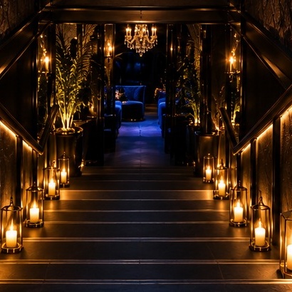 The Descent — the lantern-lit stair at OBSIDIA